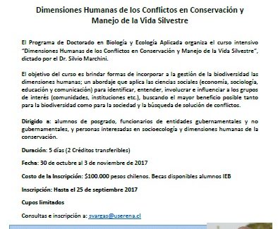 Hasta el 27 de septiembre se aceptan inscripciones: Realizarán curso de postgrado sobre conflictos en conservación y manejo de vida silvestre