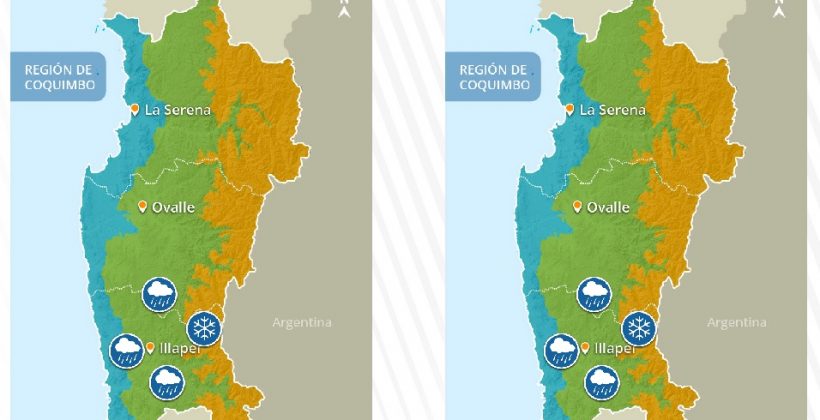 Se esperan precipitaciones de agua y nieve en la región de Coquimbo durante el sábado 11 y domingo 12 de septiembre. Se esperan precipitaciones de agua y nieve en la región de Coquimbo durante el sábado 11 y domingo 12 de septiembre.