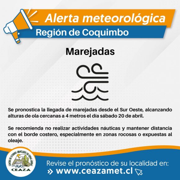 Pronostican marejadas con olas de hasta 4 metros de altura en la Región de Coquimbo