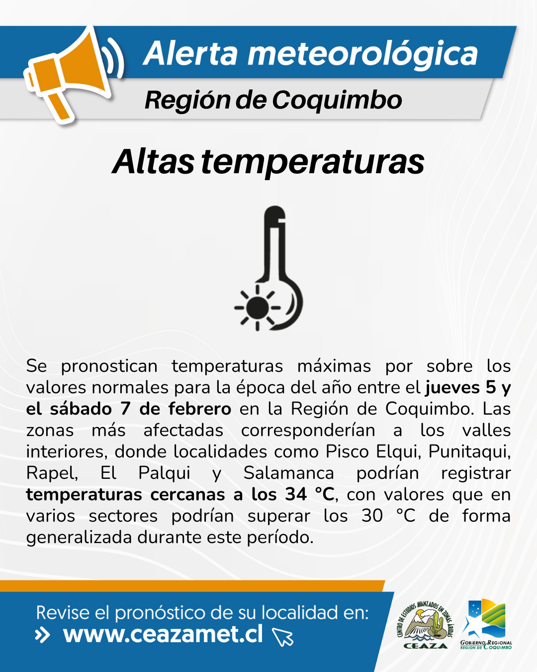 CEAZA emite alerta por altas temperaturas entre este jueves y sábado en la Región de Coquimbo