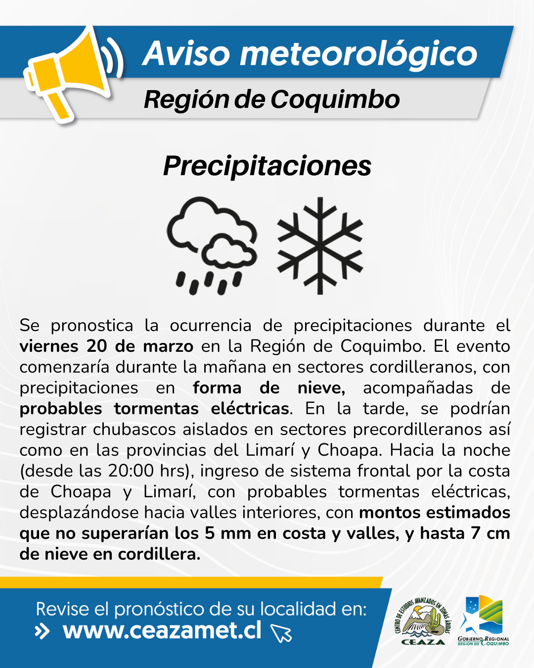 Lluvias débiles y nieve en cordillera se pronostican para este viernes en la provincia del Choapa